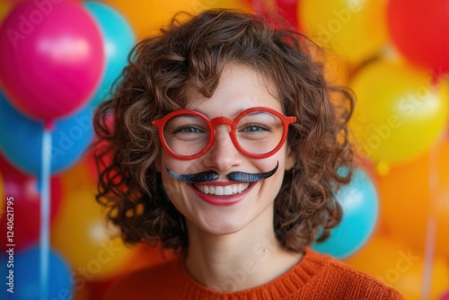 Professional photo of a smiling woman with curly hair wearing classic Groucho Marx-style glasses with a fake nose and mustache, set against a bright, festive background creating a fun holiday vibe photo