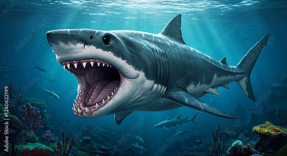 Fototapeta premium A prehistoric giant shark lurking in the deep, its massive jaws ready to strike.
