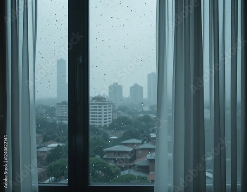 A rainy day view of a bustling city. The rain-streaked windows create a dramatic atmosphere, perfect for conveying feelings of loneliness, isolation, or contemplation.