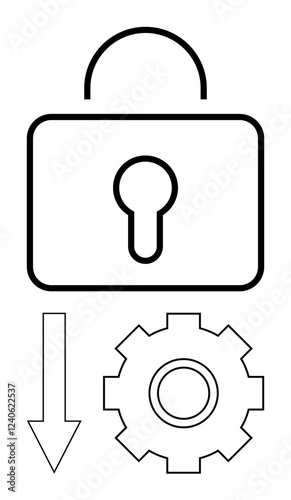 Padlock represents security, gear symbolizes system operation, downward arrow implies activation or control action. Ideal for cybersecurity, data protection, process optimization, automation, system