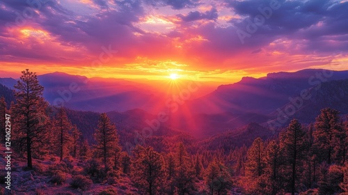 A stunning aerial view of the Arizona pine forest at sunset, with vibrant sky colors and the majestic mountain range in the background. 