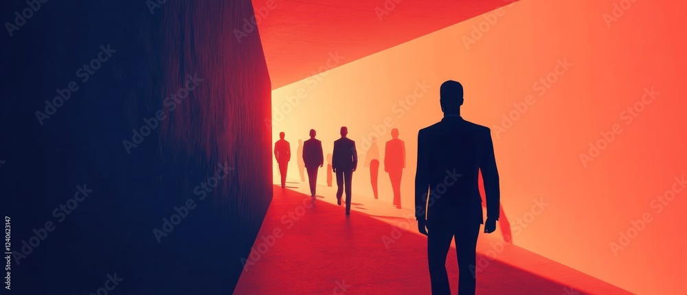 Fototapeta premium Silhouetted figures walking through a vibrant corridor