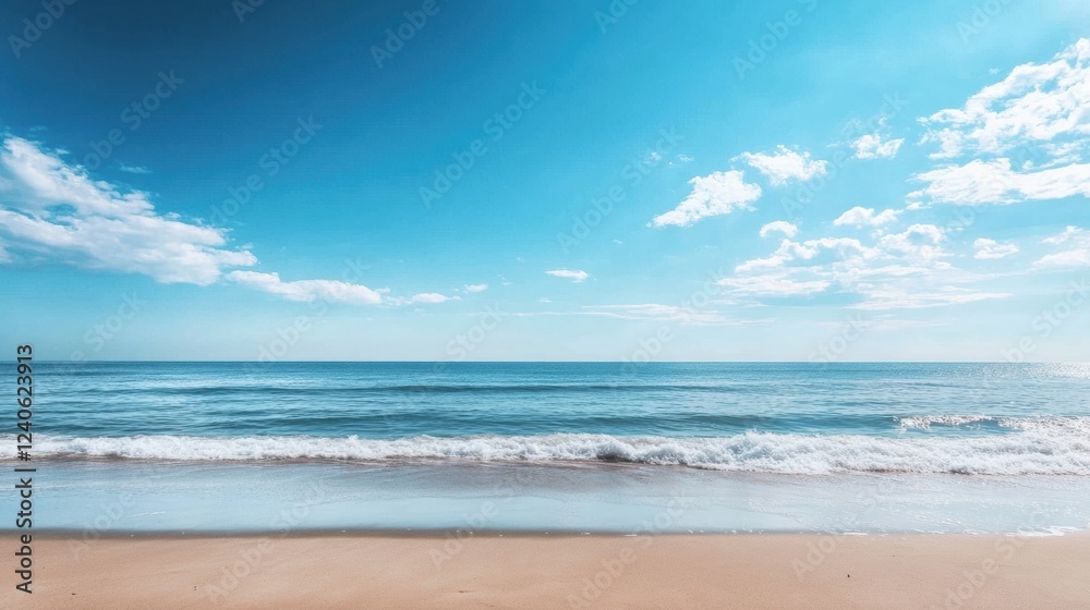 Wide expanse of ocean waves crashing on golden sandy beach under bright blue sky and fluffy white clouds. Generative AI Wide expanse of ocean waves crashing on golden sandy beach under bright blue sky and fluffy white clouds. Generative AI