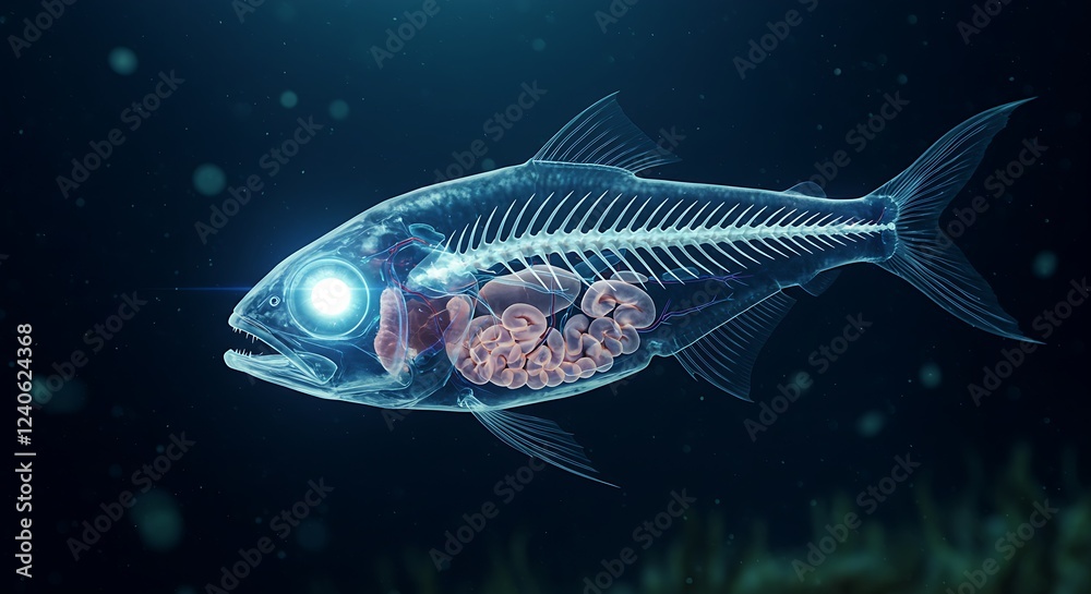 Fototapeta premium A Bizarre Deep-Sea Fish – A fish with transparent skin and glowing eyes, revealing its inner organs.
