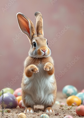 Rabbit standing on hind legs is amusing easter background background celebration easter design holiday photo