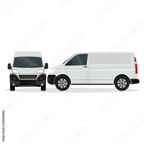 Vector illustration of white or silver van land vehicle in cartoon flat style. Cargo vehicle front, side and rear view. Silver delivery mini van isolated. Delivery Van Mockup for Advertising