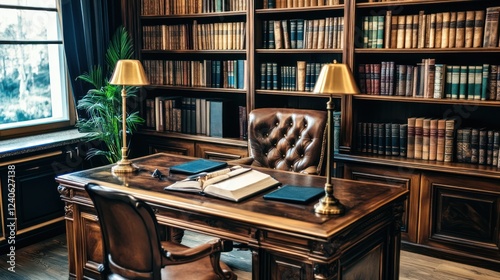 Classic library study room with wooden desk photo