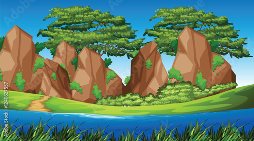 Beautiful landscape vector illustration of mountains, forests, fields and meadows. Stunning panoramic farm landscape with mountains in the background. landscape for printing.
