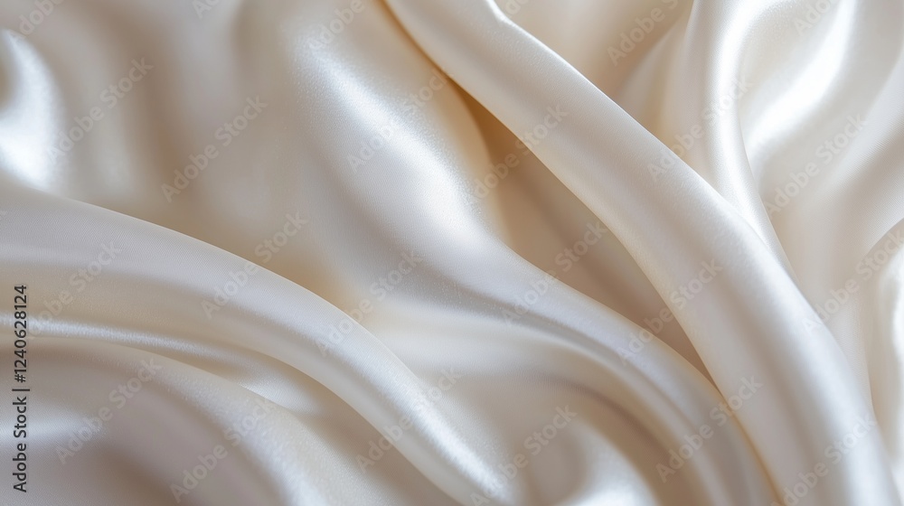 Obraz premium A close-up of soft white silk fabric draped elegantly, showcasing delicate folds and subtle sheen, illuminated by soft, diffused light to enhance its luxurious texture.