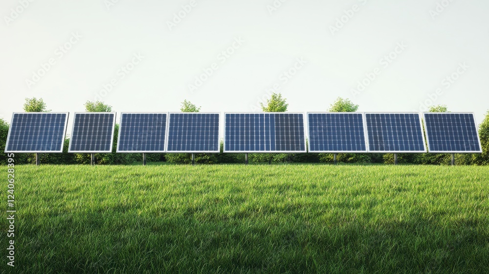 Solar Panels Under Bright Sky in Green Field with Trees Background