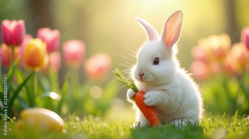 Fototapeta premium A fluffy white Easter bunny sits in the meadow holding a comically oversized orange carrot with its tiny paws