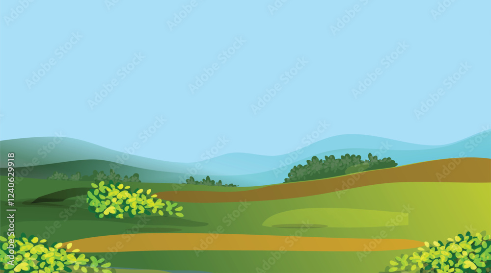 Alpine meadows and beautiful mountains, forests and lakes, vector illustration. Panoramic landscape of green fields, amazing mountains on a clear day with gentle clouds in the blue sky. Alpine meadows and beautiful mountains, forests and lakes, vector illustration. Panoramic landscape of green fields, amazing mountains on a clear day with gentle clouds in the blue sky.