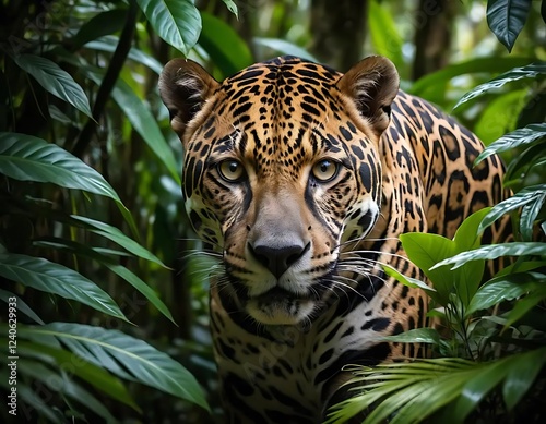 Majestic Jaguar: A Serene Jungle Portrait in Lush Greens photo