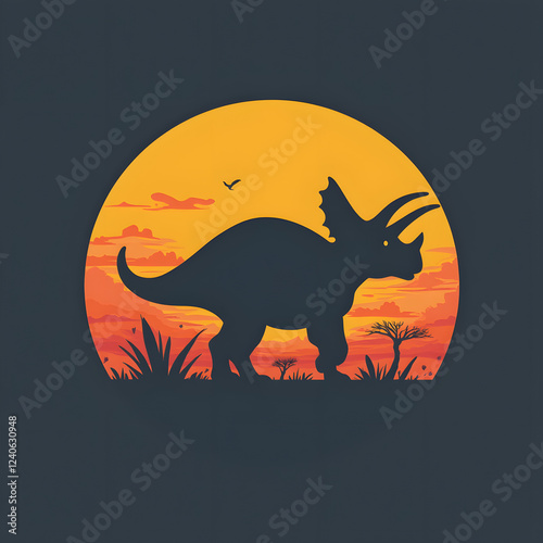 Minimalist Triceratops silhouette logo design with a dramatic sunset background, flat colors, prehistoric wildlife concept, representing dinosaurs, nature, and ancient landscapes in a modern aesthetic photo