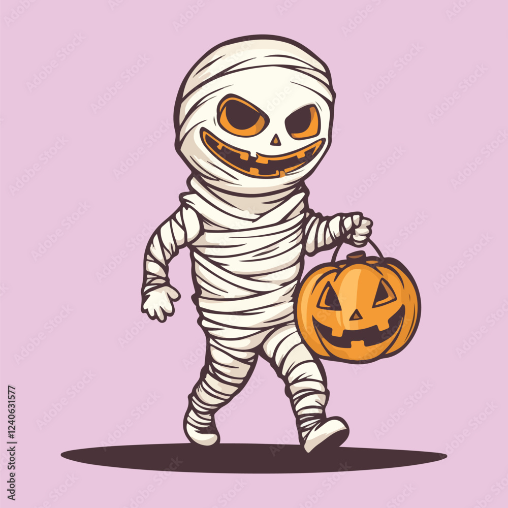 Friendly cartoon mummy wrapping a pumpkin in Halloween Friendly cartoon mummy wrapping a pumpkin in Halloween