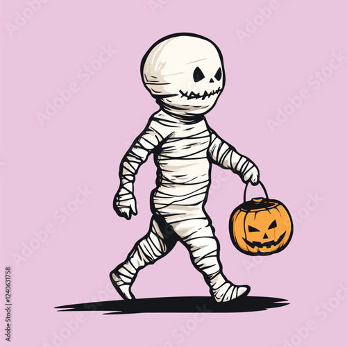 Friendly cartoon mummy wrapping a pumpkin in Halloween