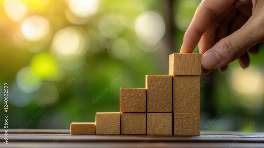 Hand stack woods block step on table with icon business strategy and Action plan. business investment and development concept. Hand stack woods block step on table with icon business strategy and Action plan. business investment and development concept.
