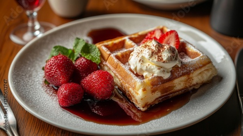 Golden Waffles with Fresh Strawberries and Whipped Cream