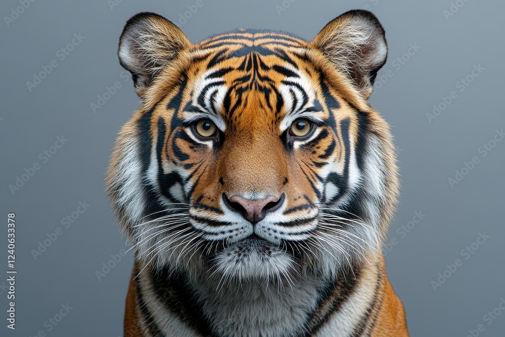 Obraz premium Close-up Portrait of a Tiger on a Neutral Background - Ideal for Wildlife Education or Conservation Awareness