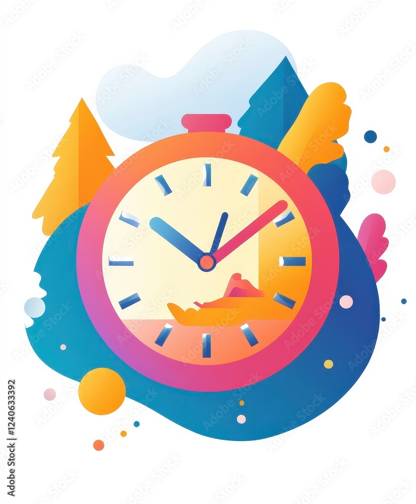 Colorful Clock Design with Nature Elements and Abstract Background Colorful Clock Design with Nature Elements and Abstract Background