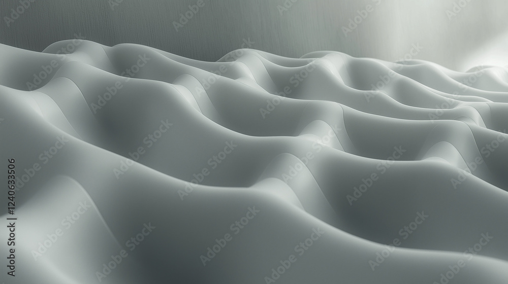 Obraz premium Soft, undulating waves create a mesmerizing pattern on a smooth, gray minimal surface, illuminated by subtle light effects that enhance the flowing, organic form