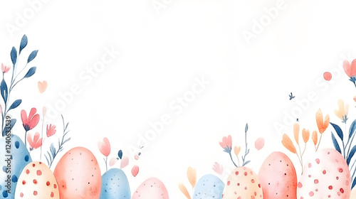 Beautiful vintage watercolor border background with spring flowers and bird. Easter eggs in pastel colors. Multicolored spring decoration elements. greeting card, banner poster flyer with copy space
