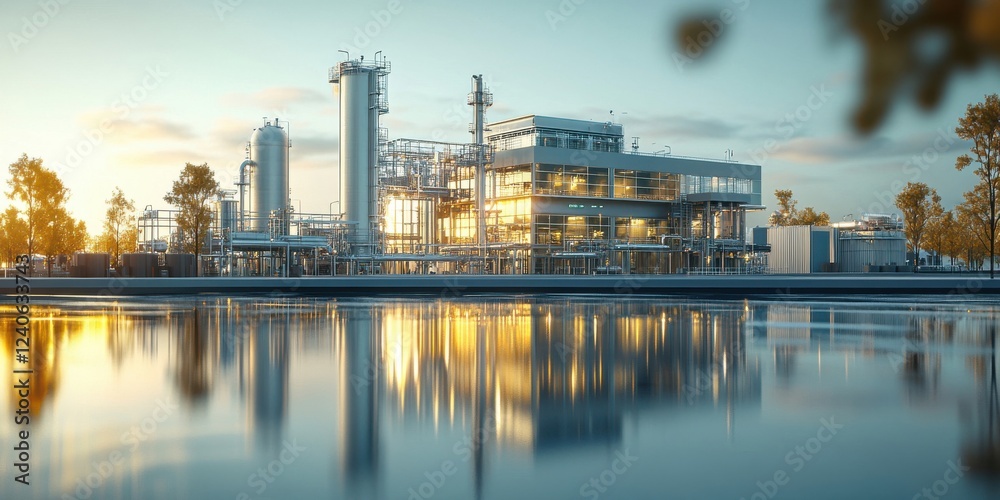 Naklejka premium High-tech facility optimizing energy-efficient processes, with water conservation techniques and carbon footprint minimization solutions