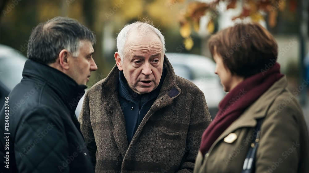 Bailiff speaking to a distressed couple, Bailiff speaking to a distressed couple,