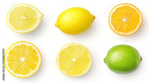 Wallpaper Mural Citrus Delight, vibrant watercolor illustrations of lemons, oranges, limes, ideal for refreshing beverages, summer themes, with a clean, isolated design on a white background. Torontodigital.ca