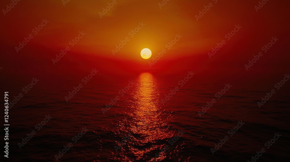 Stunning Sunset Over Calm Ocean with Warm Orange and Red Sky Stunning Sunset Over Calm Ocean with Warm Orange and Red Sky
