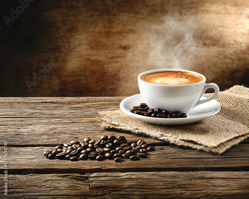 coffee cup on a wooden table with coffee beans scattered