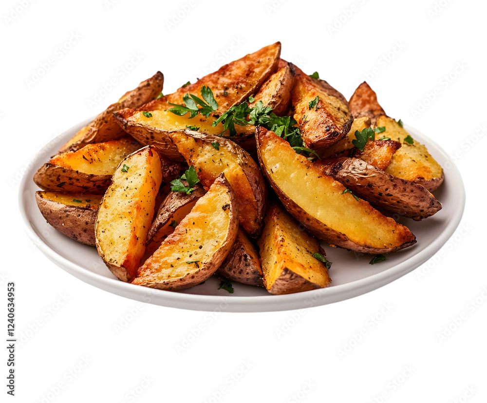 A plate of golden-brown crispy potato wedges, garnished with herbs, placed on a white background. Transparent background
A plate of golden-brown crispy potato wedges, garnished with herbs, placed on a white background. Transparent background
