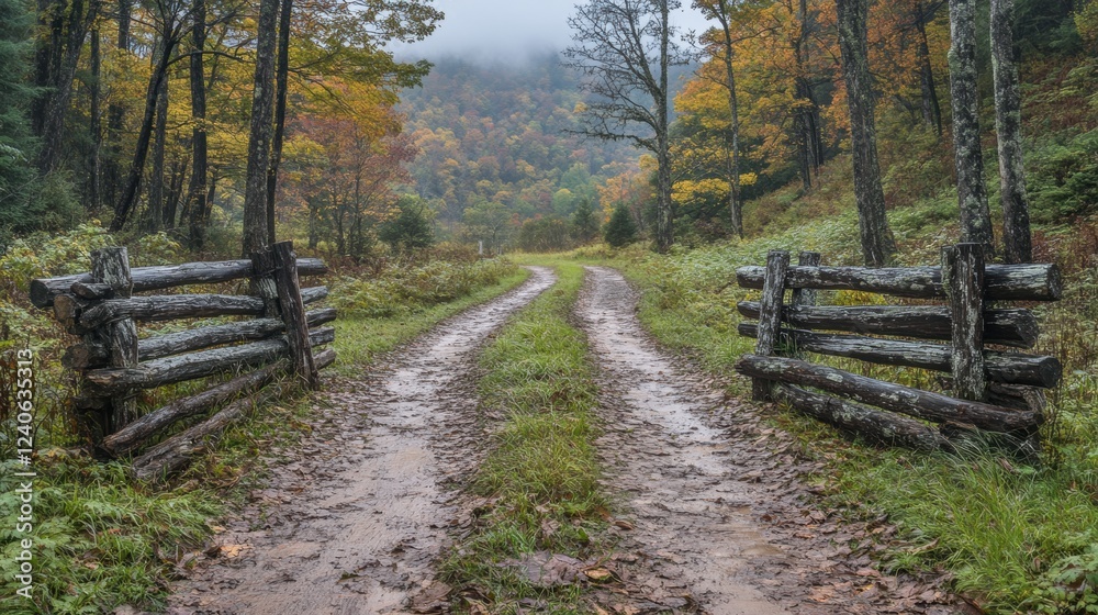 Serene Dirt Path Between Wooden Fences in Autumn Forest Landscape
