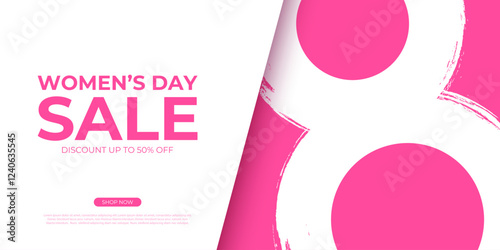 Women's Day Sale commercial banner for International Women's Day holiday shopping promotion. Number 8 brush stroke design. White and pink colors. Vector illustration.