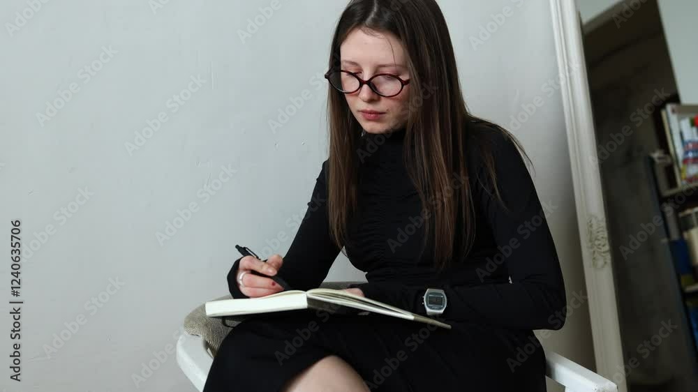 A young woman sits on a chair, deep in thought as she writes in her notebook. The calm environment and her concentration highlight a peaceful afternoon of creativity and reflection.