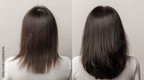 Before and after hair transformation showcasing thin hair versus thick hair in a beauty salon setting. Generative AI