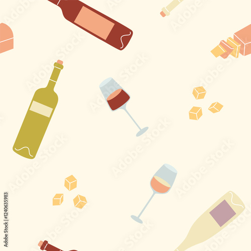 Seamless pattern featuring wine bottles, glasses and cheese on cream background. Concept of wine and food pairing. Perfect for fabric and restaurant beverages menu.
