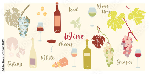 Collection of gourmet food items such as cheese, wine, grapes. Vector illustration in flat style design, icon set.