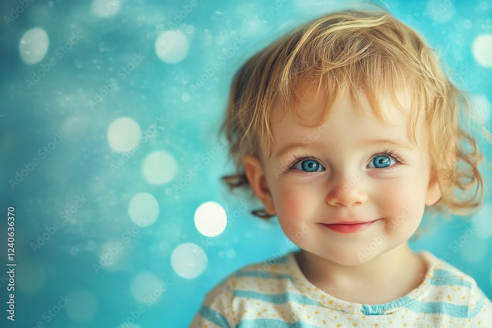 Smiling toddler with blue eyes and curly hair against a soft blue bokeh background. Generative AI Smiling toddler with blue eyes and curly hair against a soft blue bokeh background. Generative AI