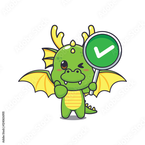 dragon mascot cartoon character vector illustration with correct sign.