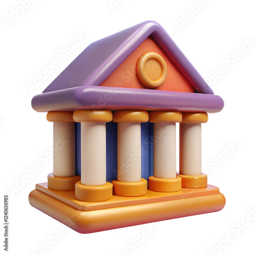 Colorful 3D illustration of classical architecture with vibrant geometric design and playful style