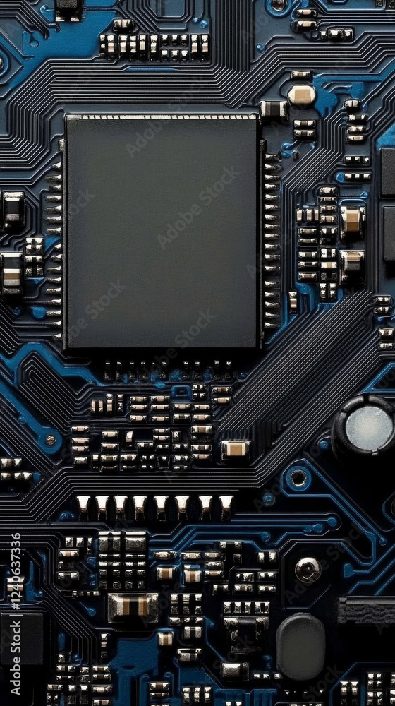 Fototapeta premium Close up of complex circuit board with intricate patterns and components