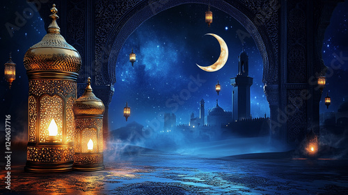 Islamic Lantern and Mosque Under Crescent Moonlit Sky