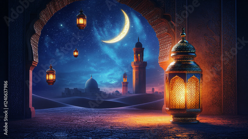 Islamic Lantern and Mosque Under Crescent Moonlit Sky