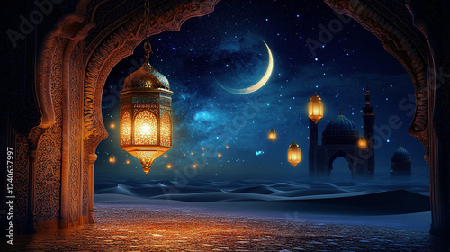 Islamic Lantern and Mosque Under Crescent Moonlit Sky
