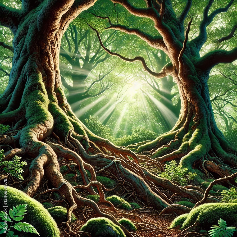 Fototapeta premium verdant forest, its atmosphere evoking a sense of serenity and seclusion 