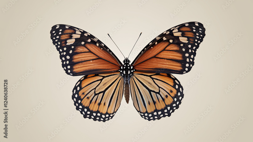Obraz premium Vibrant Colorful Butterfly Isolated on White Background with Delicate Wings, Intricate Patterns, Symmetrical Design, High-Resolution Close-Up, Nature-Inspired Beauty