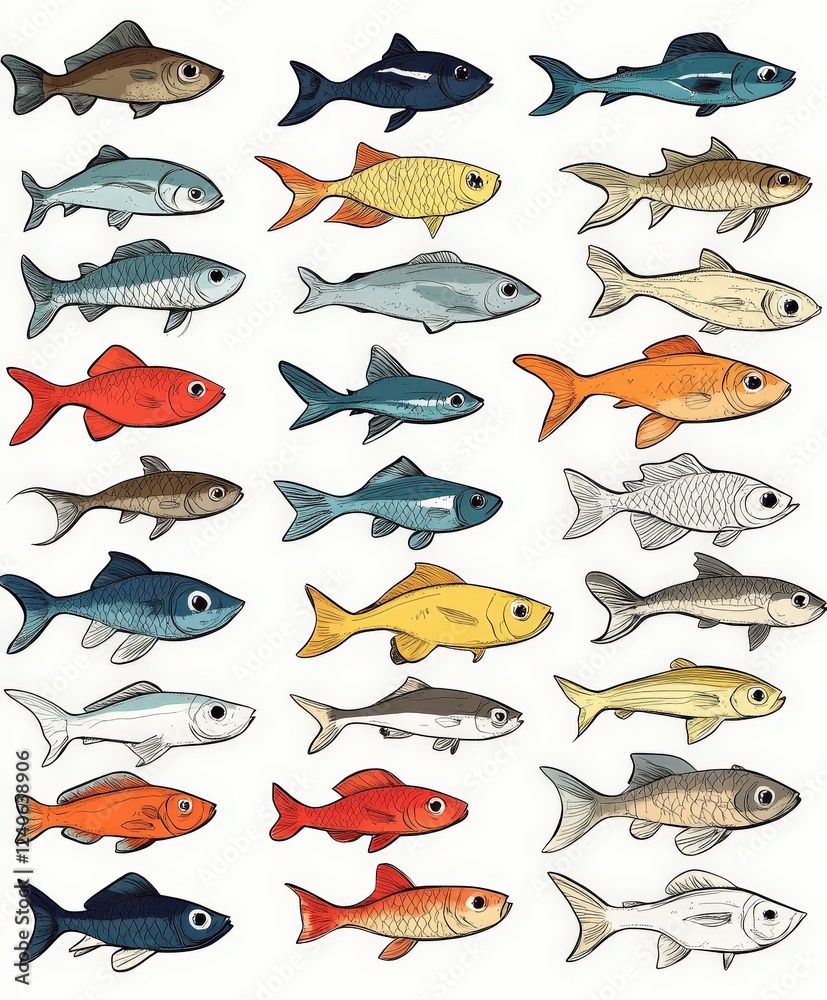 Fototapeta premium Colorful Array of Illustrative Fish Designs for Creative Projects