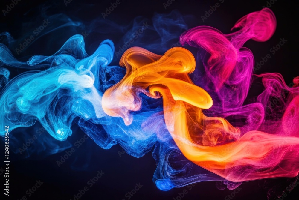Colorful abstract smoke waves in vibrant hues of blue, orange, and pink against a dark background, ideal for creative design projects and modern art concepts Colorful abstract smoke waves in vibrant hues of blue, orange, and pink against a dark background, ideal for creative design projects and modern art concepts