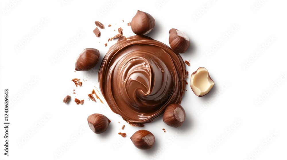 Glossy chocolate hazelnut spread with creamy texture, top view, isolated on white Glossy chocolate hazelnut spread with creamy texture, top view, isolated on white